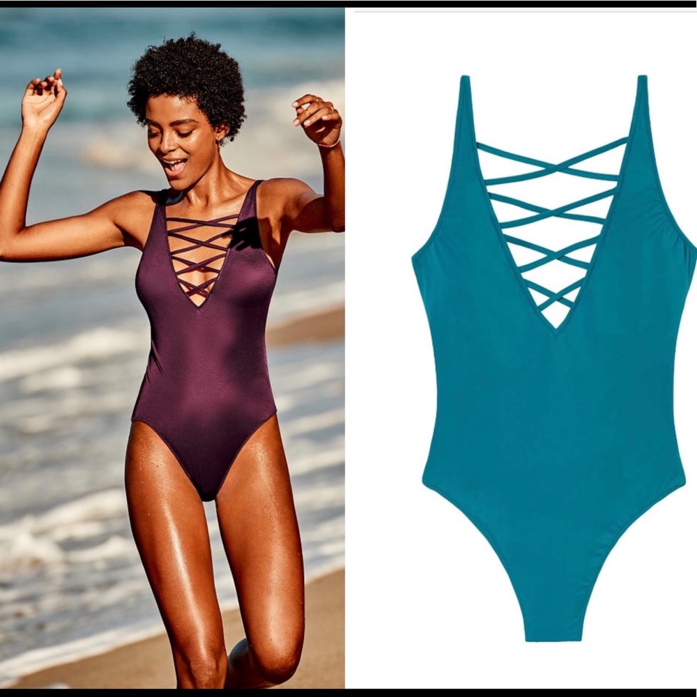 Medium PINK Strappy Front High Leg One Piece -TEAL